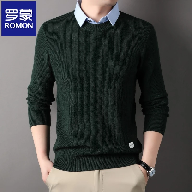 罗蒙男士针织衫毛衣中年假两件衬衫领上衣时尚潮流个性休闲