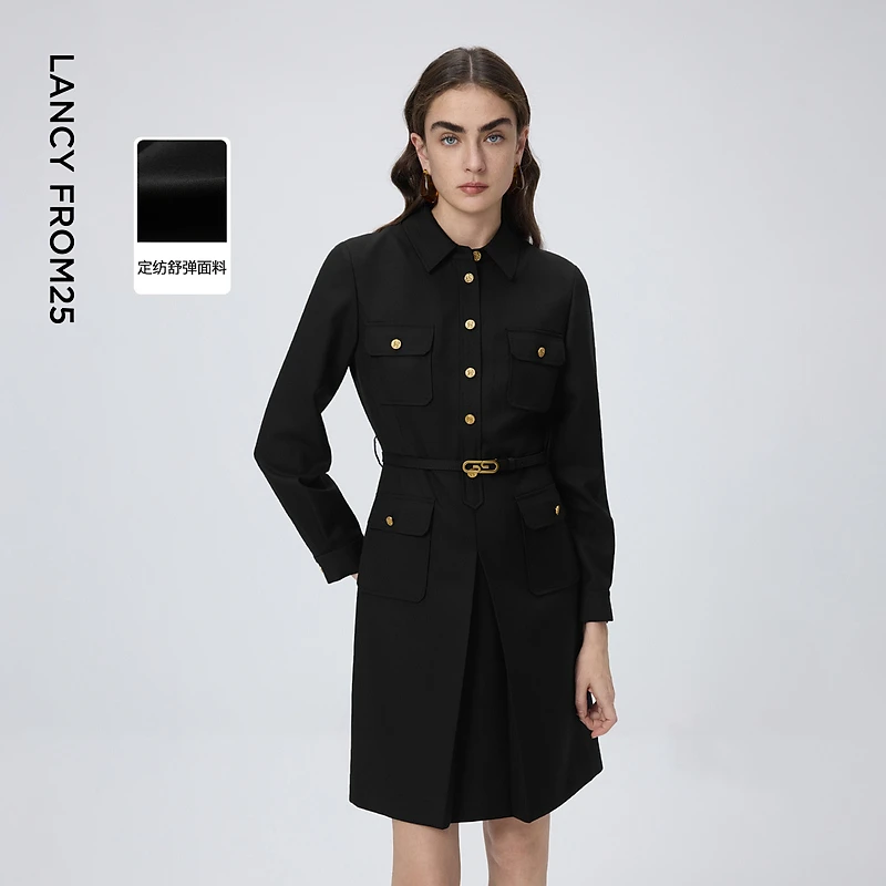朗姿法式工装风复古收腰修身长袖连衣裙气质显瘦通勤休闲春季新款