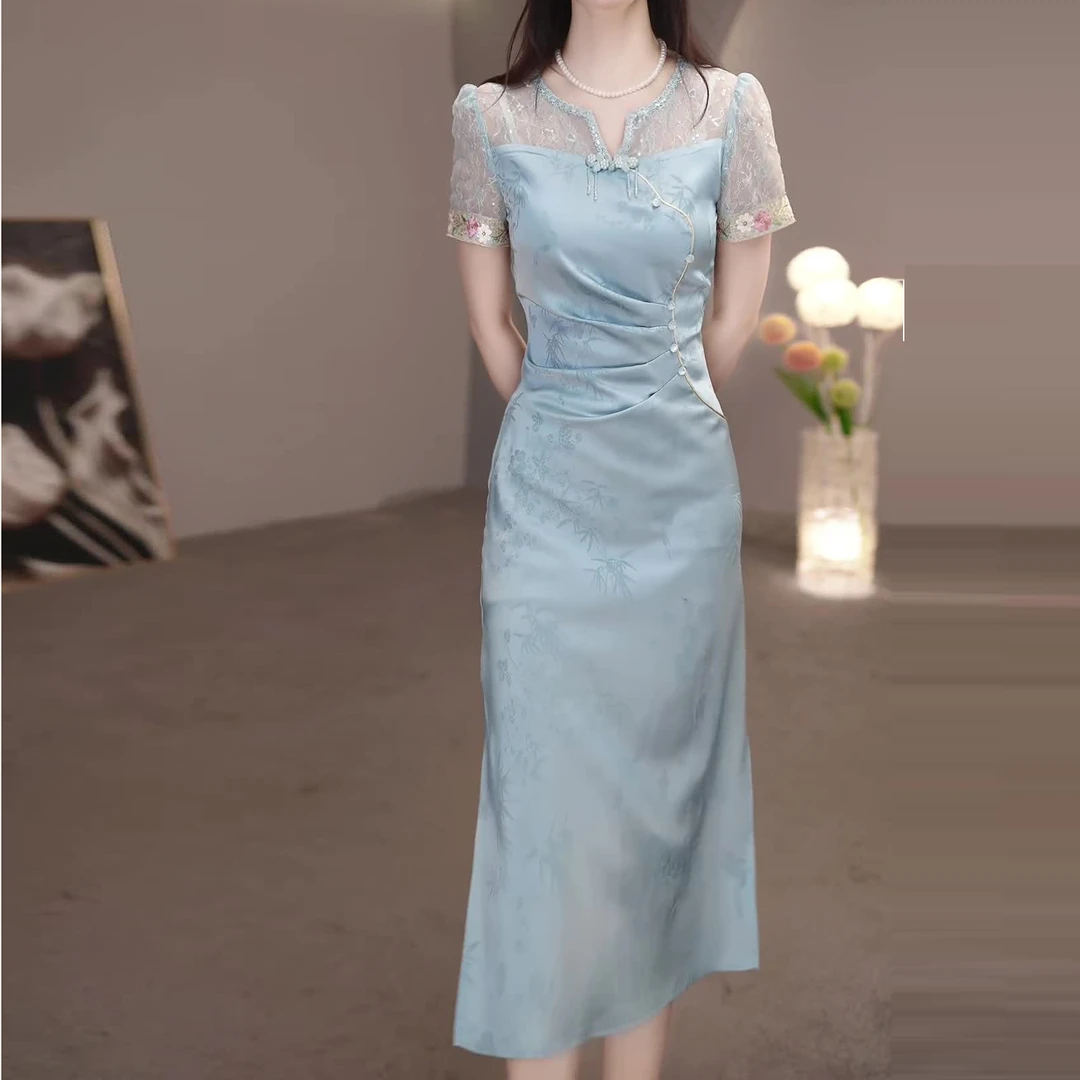 是冰丝提花缎连衣裙夏季新款高端洋气气质新国风收腰显瘦旗袍裙