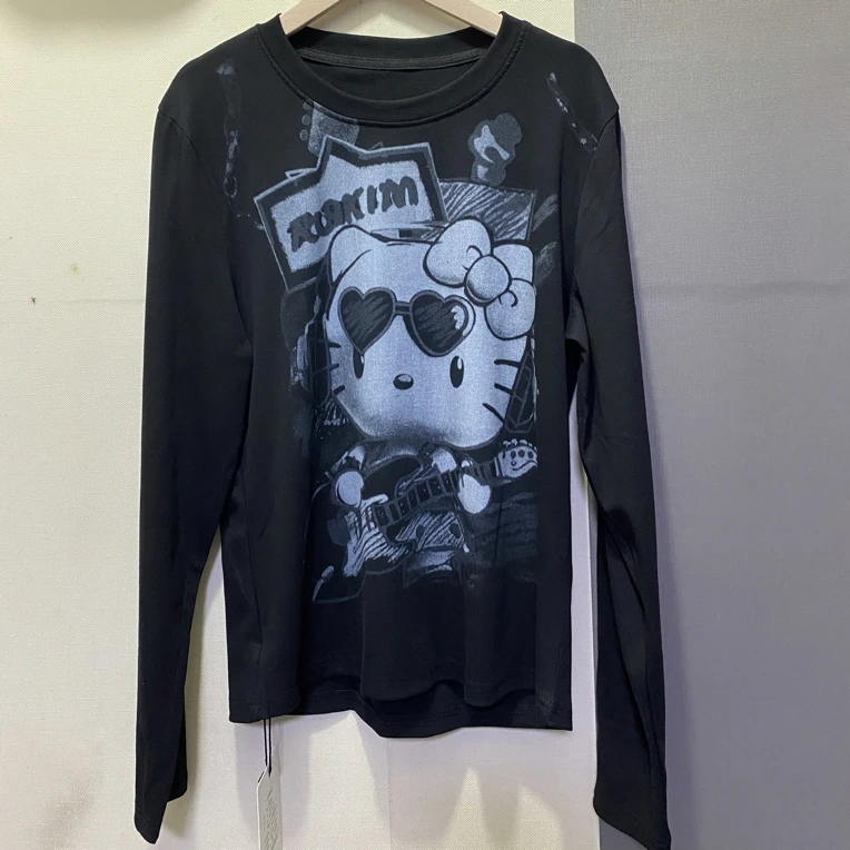 2562秋季新品2025弹琴猫咪印图T恤潮牌时尚显瘦百搭上衣女