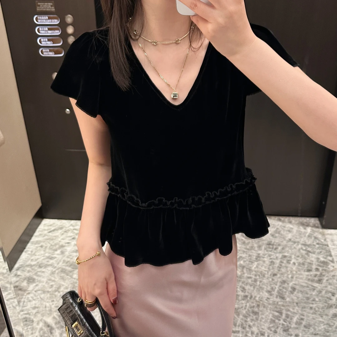 LUOZHIYIN/罗知音T312735F连肩袖短袖V字领T恤上衣