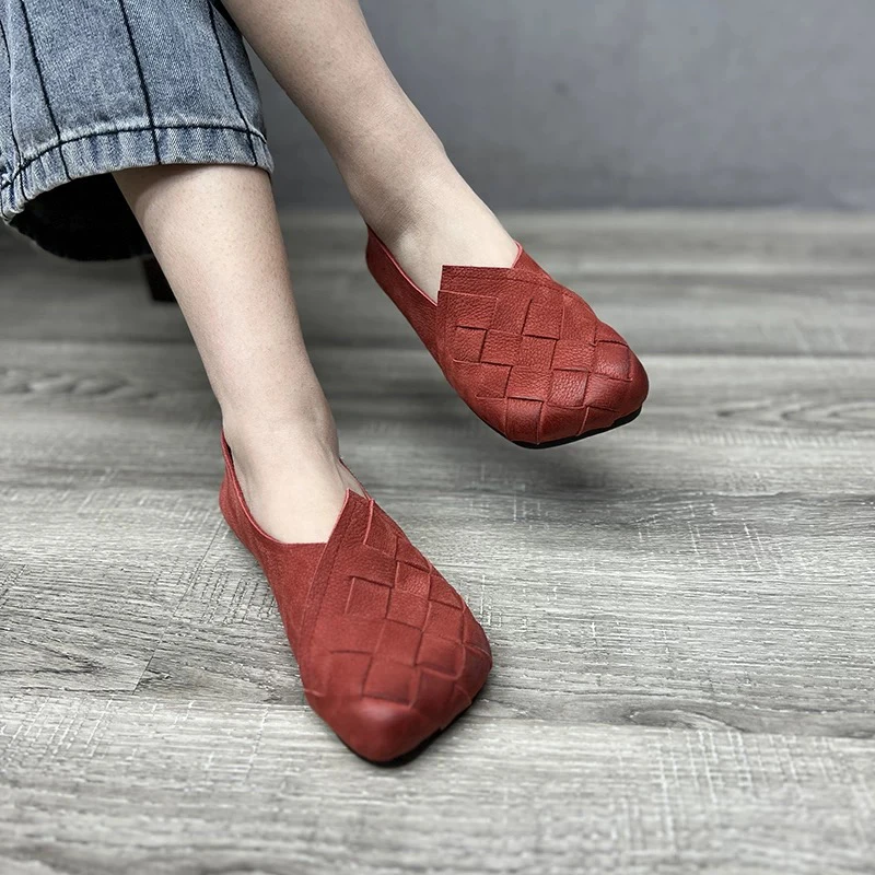 艺鞜2025年春季新款真皮手工平底编织方头软底一脚蹬懒人单鞋女鞋