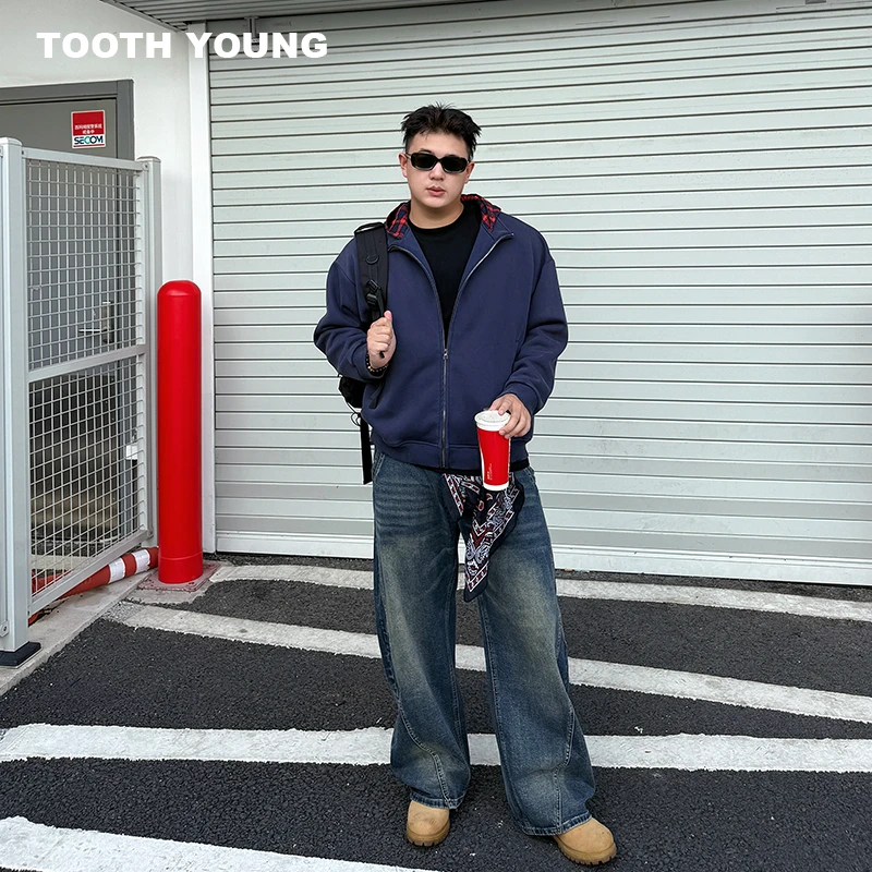 TOOTH YOUNG【加州旅馆】400g男生秋季新品拼色格纹连帽开衫卫衣