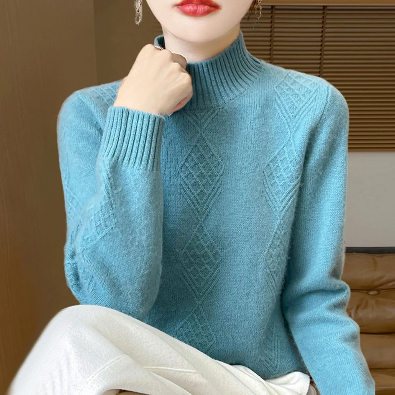 爆款秋冬季新款纯羊毛衫女半高领长袖套头针织羊绒衫毛衣打底上衣