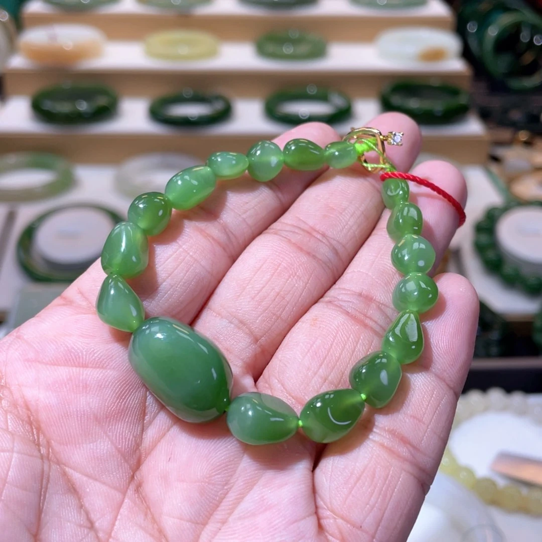 和田玉未镶嵌颈饰高品碧玉果阳绿手链