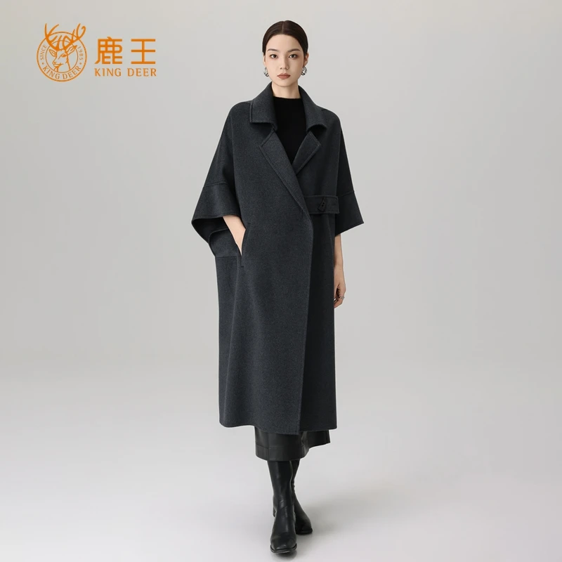 【小山羊绒系列】鹿王女翻领100小山羊绒时尚休闲长款大衣 CA8816