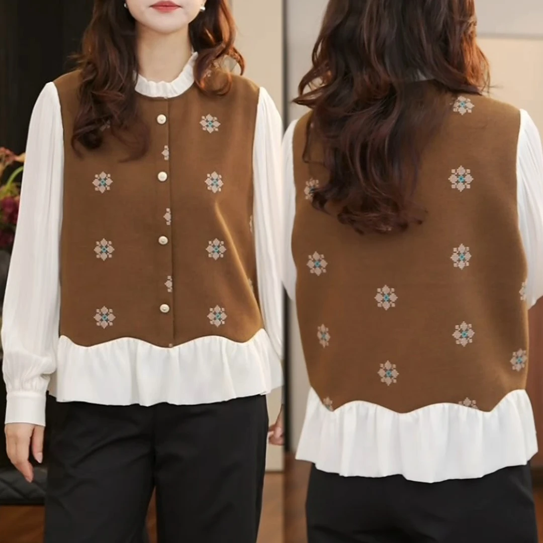 时尚气质百搭长袖洋气小衫秋季新款洋气假两件拼接宽松显瘦衬衫女