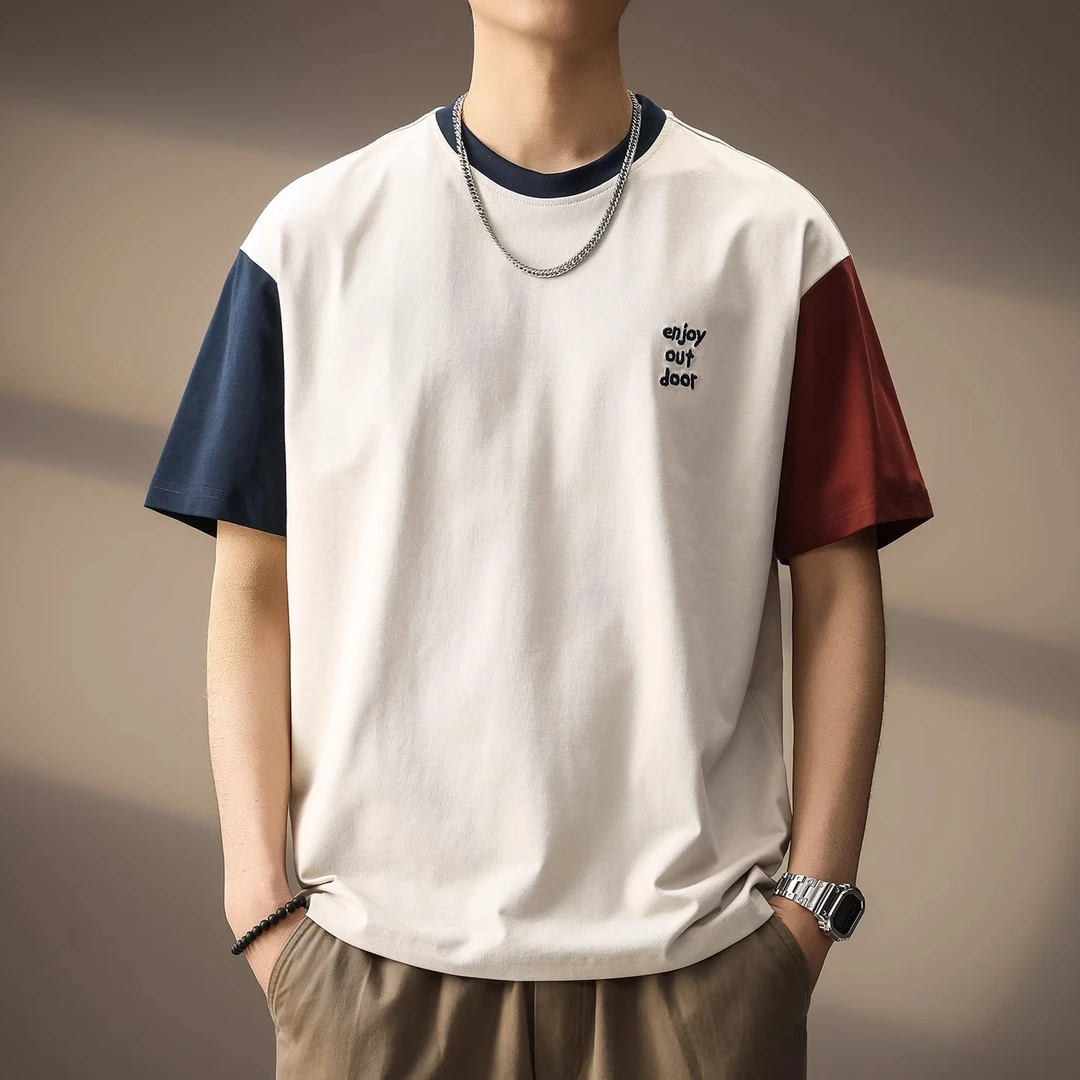 U&PURA高端日系撞色字母刺绣T恤男士夏季新款拼接宽松体恤潮流
