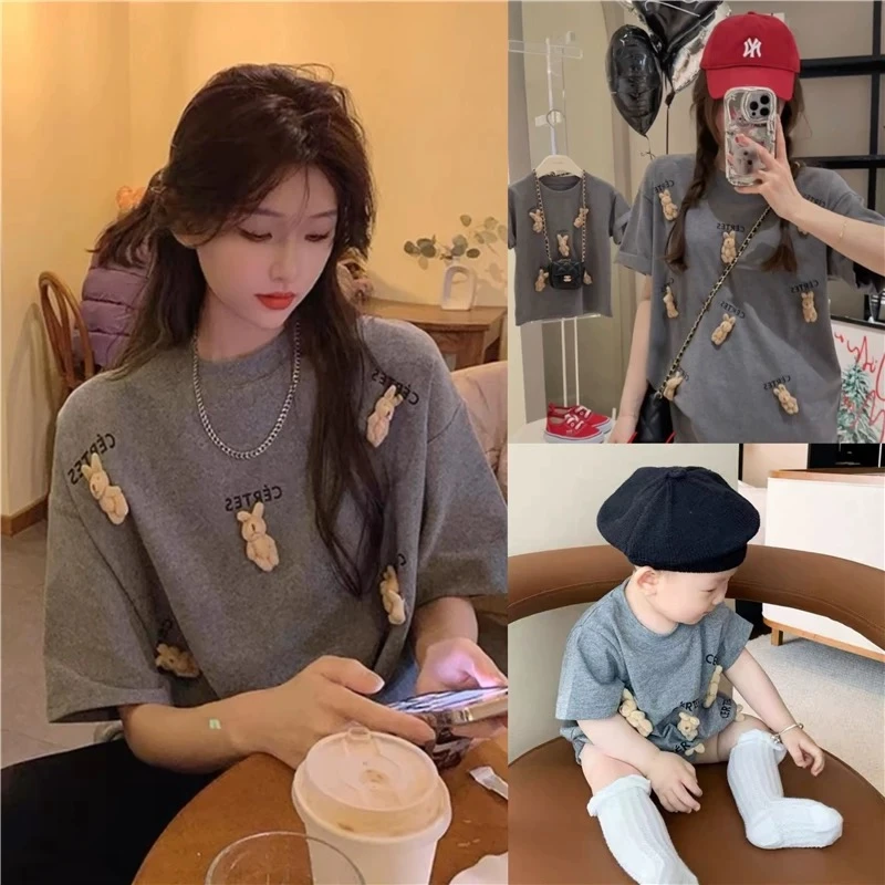 亲子装夏款一家三口四口全家装潮立体小熊海边度假短袖婴儿包屁衣