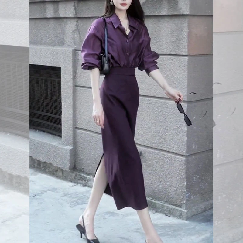 春装搭配一整套干练气质职业女装紫色衬衫半身裙盐系轻熟两件套装