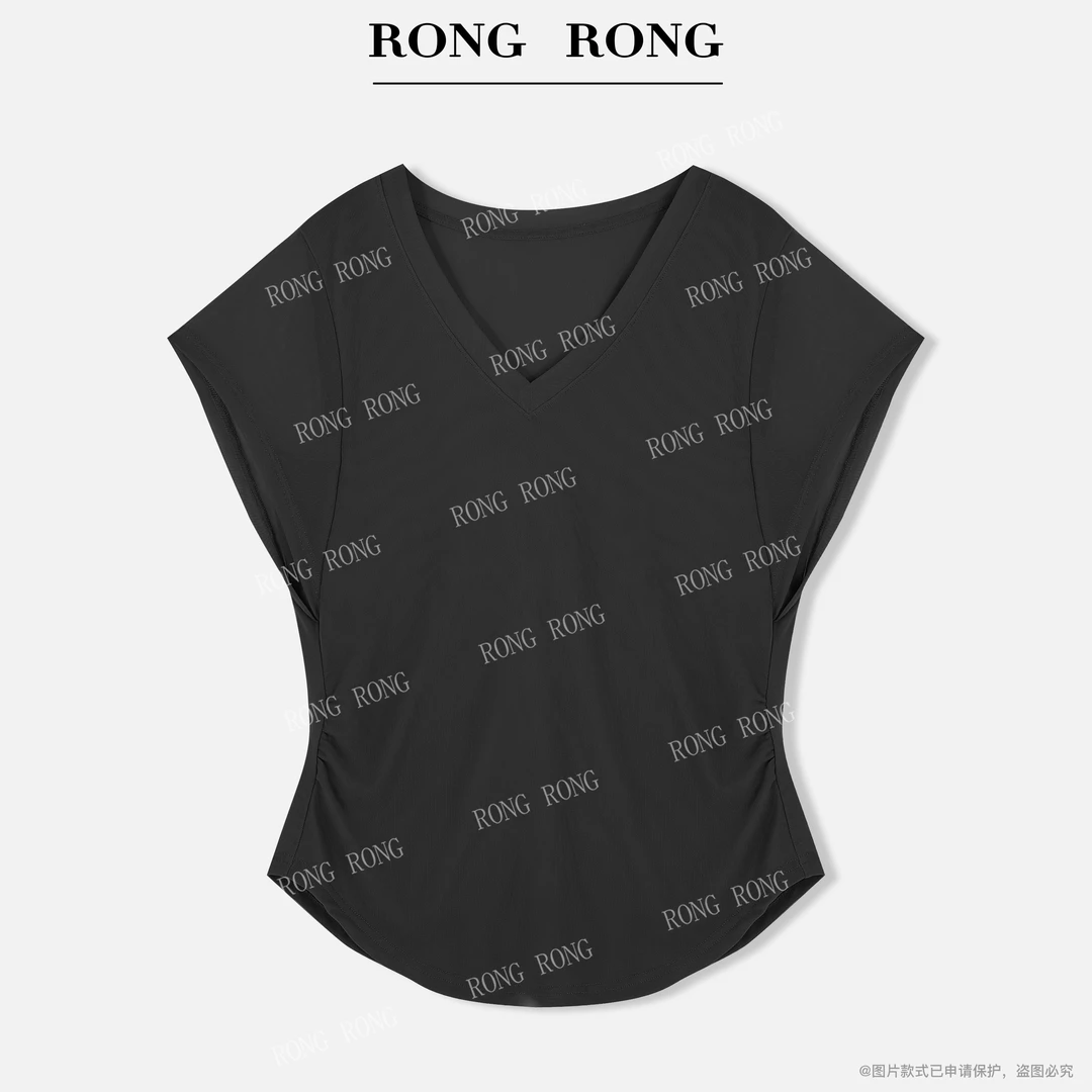 溶溶【朦胧夏夜】RONGRONG V领薄款松弛收腰飞飞袖显瘦T恤T-B0072