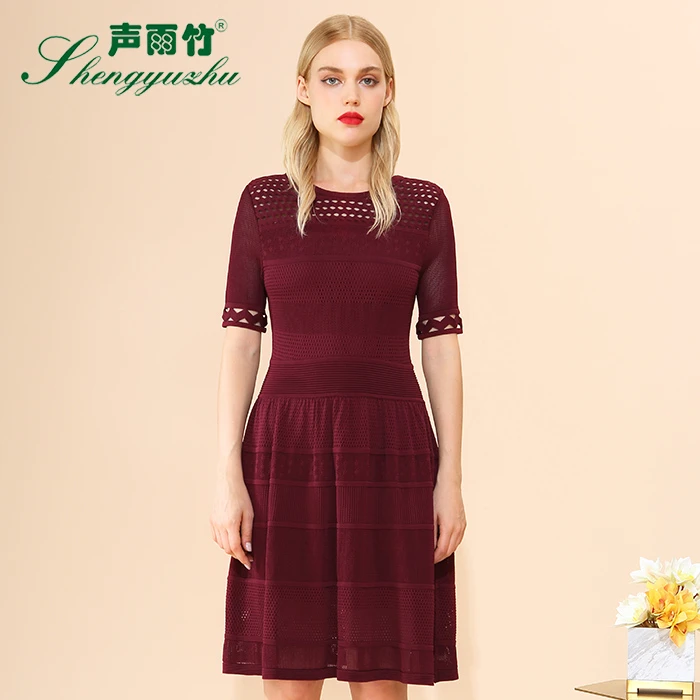 声雨竹专柜夏季款 镂空设计拼接纯色显瘦优雅连衣裙
