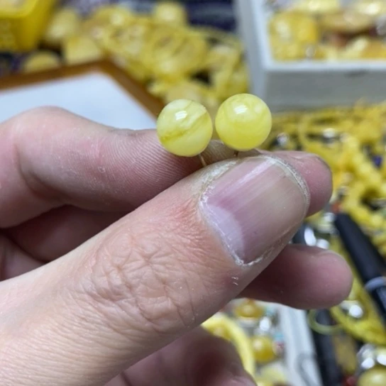 蜜蜡裸石银S925镶嵌耳钉