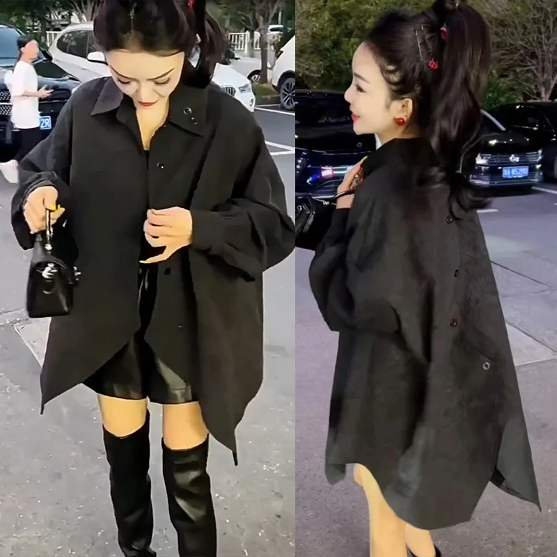 法式高级感不规则长袖衬衫外套女2025春秋季大码中长款慵懒风外套