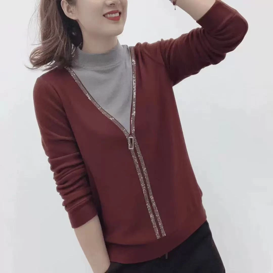 小鑫肝@现货浮力重工拼接烫钻带扣气质百搭长袖T恤 1520