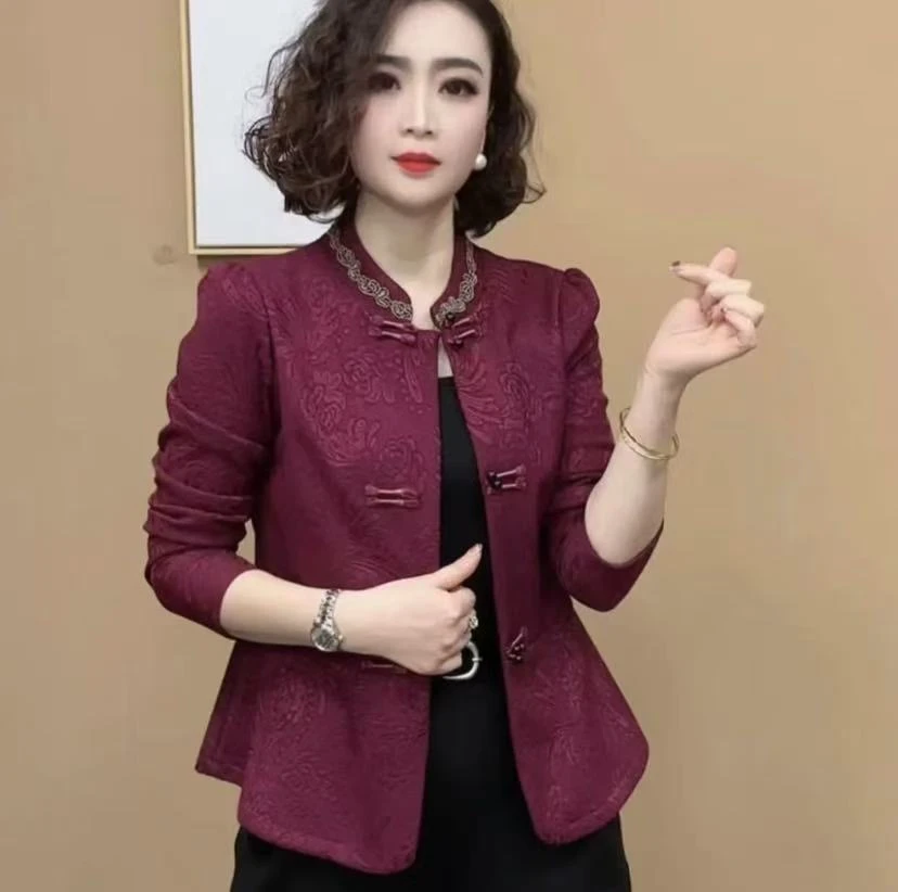 开衫款加绒-2025新款时尚显瘦气质长袖立领提花刺绣国风百搭上衣