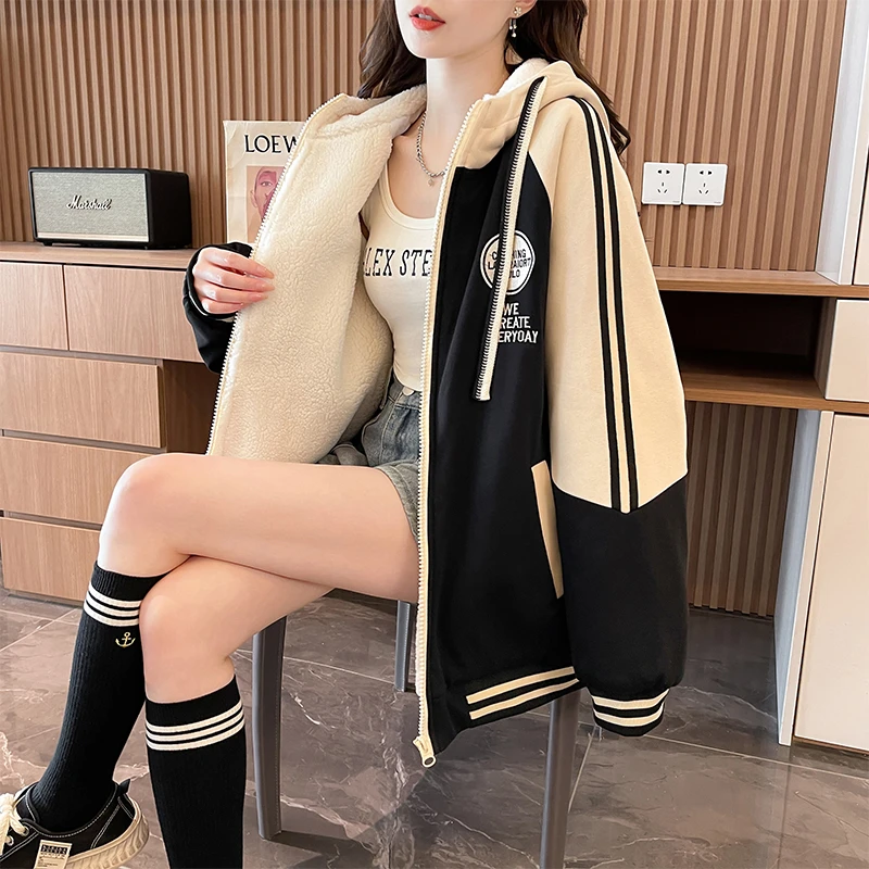 加绒加厚棒球服女冬季棉服初高中学生宽松休闲刺绣连帽卫衣外套潮