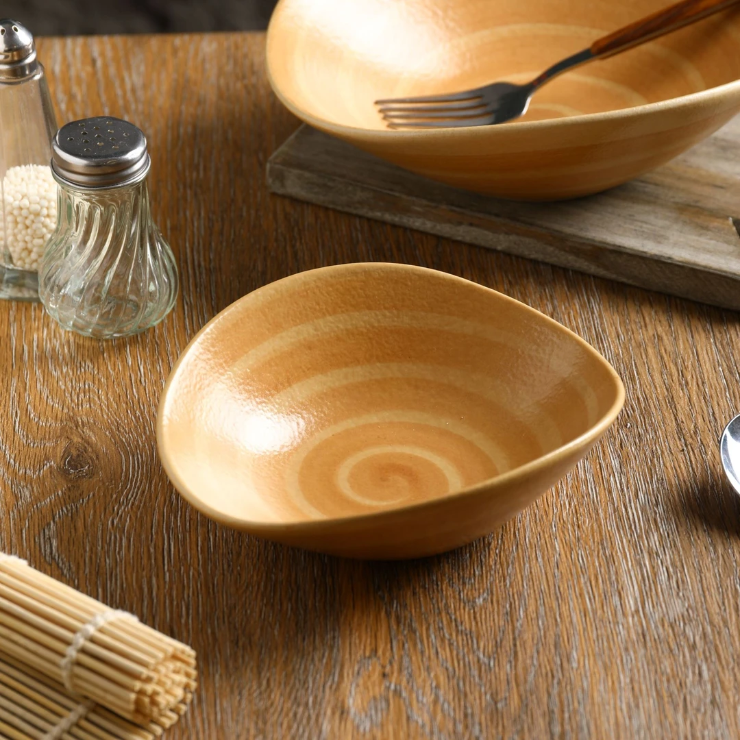 粗陶螺纹元宝碗手绘艺术陶瓷碗沙拉碗甜品碗复古水果碗家用早餐盘