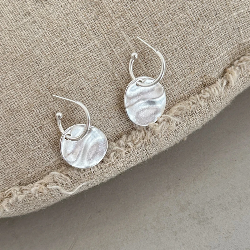 925银耳饰 4029韩版ins风重工小众褶皱圆片C形耳环设计感明星同款