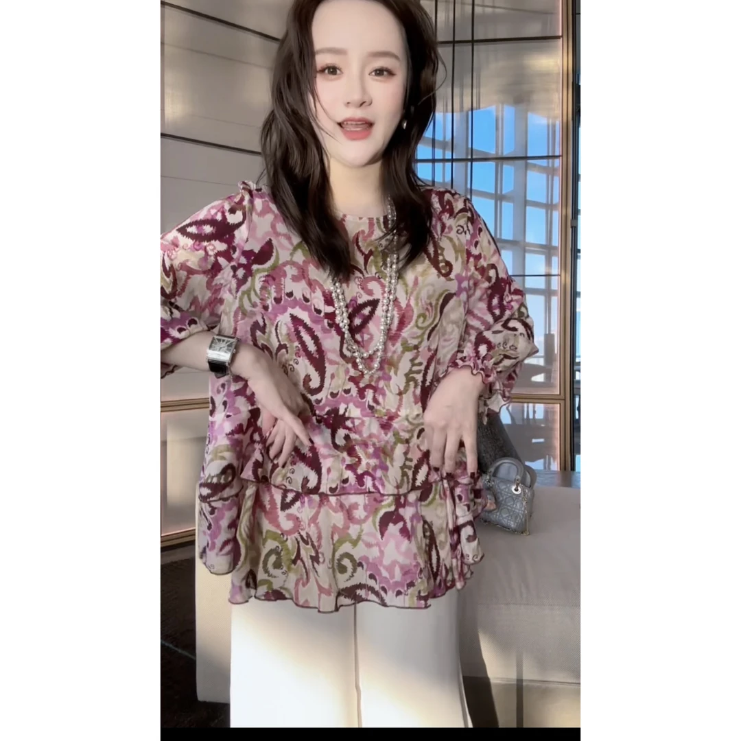 【丝芙玉禄】（A139）真丝双绉设计师紫色图案显瘦桑蚕丝衬衫上衣