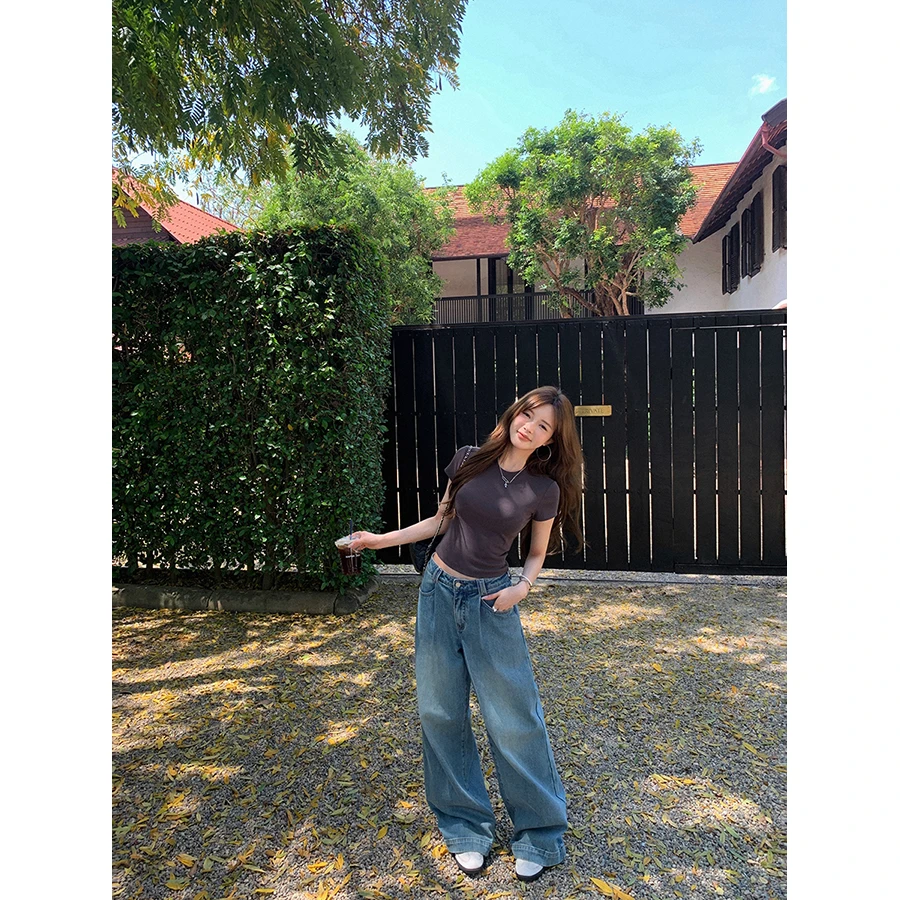 张贝贝 蓝色垦丁 环保水洗 3D捏褶直筒牛仔裤