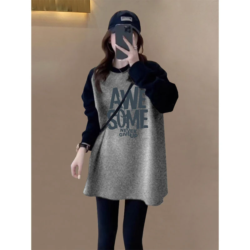 春秋冬季插肩袖磨毛中长款长袖女t恤2025新款时尚百搭加厚打底衫