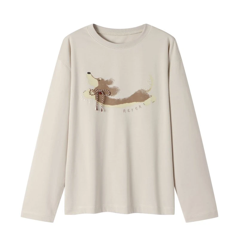 REREK  25春夏新款腊肠小狗印花弹力长袖上衣宽松显瘦百搭休闲T恤