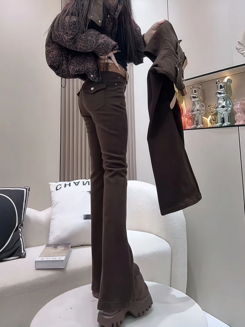 梨型身材高腰加绒牛仔马蹄裤女秋冬新款弹力显瘦百搭修身微喇长裤