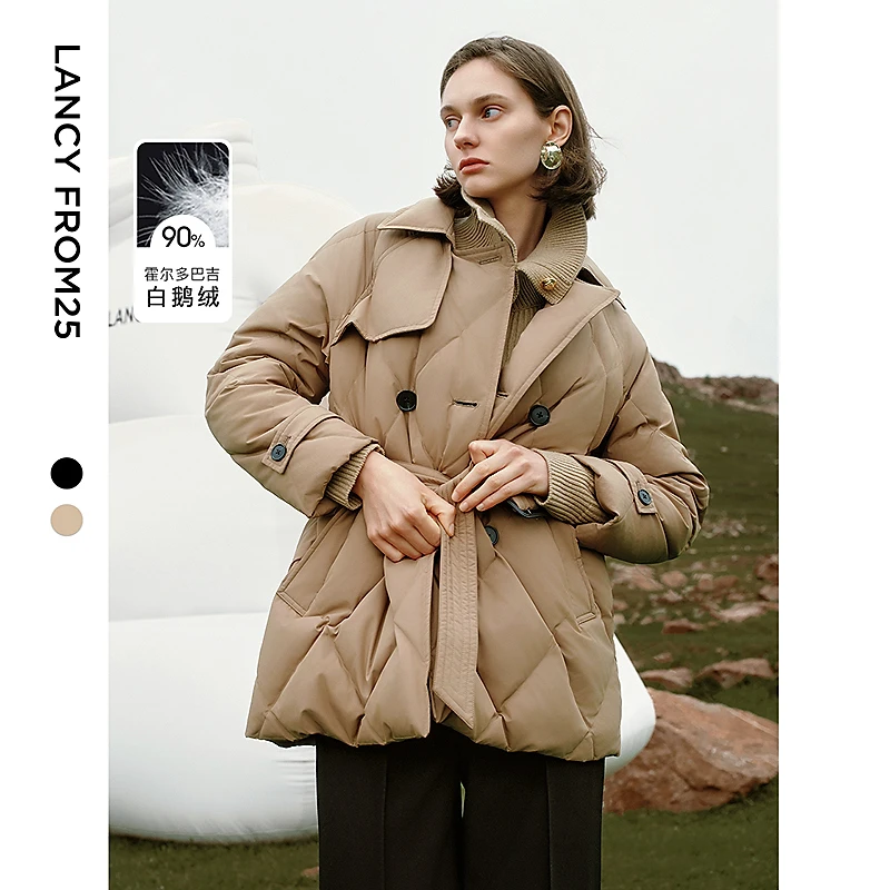朗姿冬季新款霍尔多巴吉白鹅绒复古设计感菱格风衣羽绒服外套