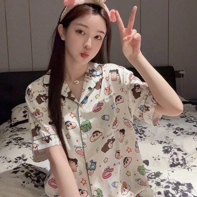 蜡笔小新夏季冰丝睡衣情侣套装短袖短裤薄款卡通大码男女士家居服