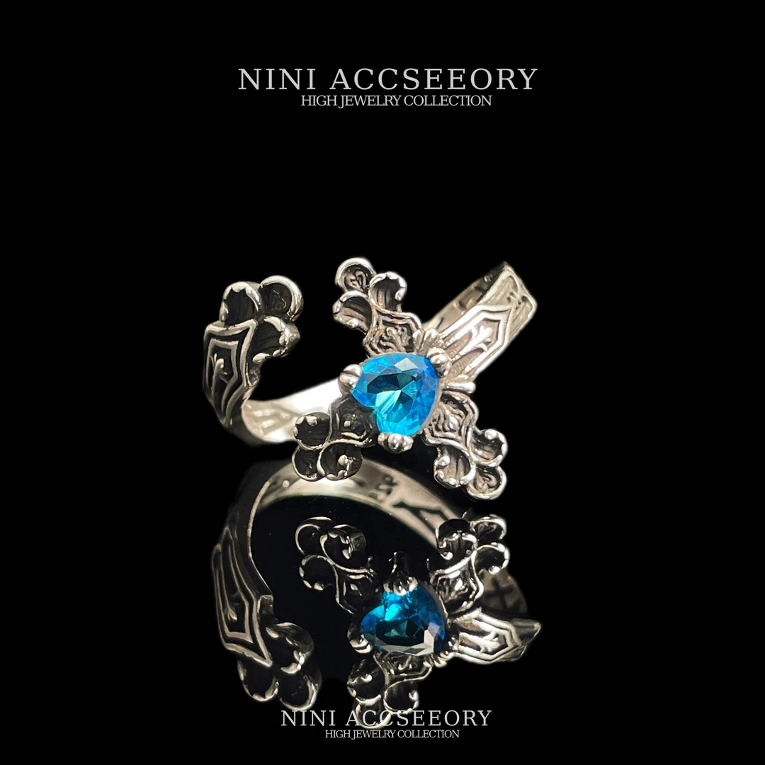 『深海魅蓝』潮酷复古银色蓝色爱心十字架时髦小众个性时尚开口戒指