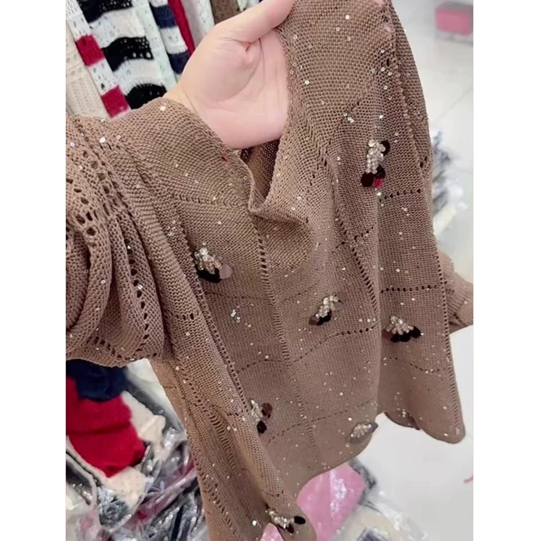 欧洲站时尚高级感重工钉珠设计感圆领卡其色针织衫秋季百搭长袖女