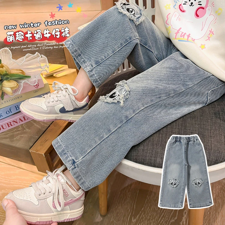 儿童春季新款洋气牛仔裤女童1-8岁春季牛仔裤直筒休闲裤子宽松潮5