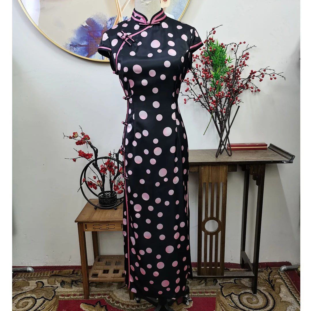 【粉色波点】上上喜双色修身月牙袖时尚优雅长旗袍