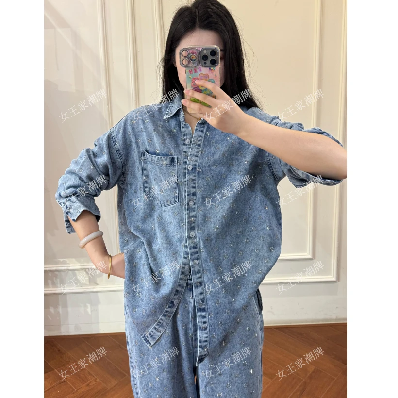 女王家潮牌 蓝色烫钻水洗长袖衬衫套装2025年春夏松紧腰直筒裤