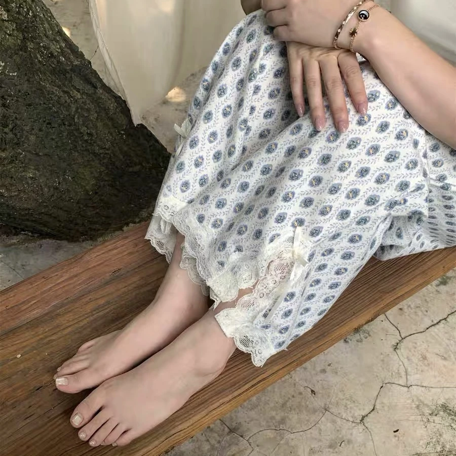 全棉蕾丝碎花家居裤双面磨毛休闲花边松紧带睡衣家居裤宽松睡裤