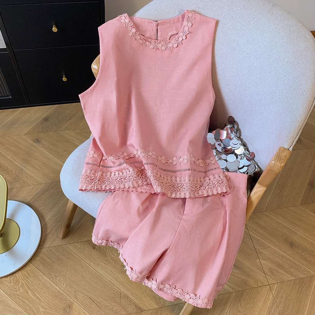 法式甜美花边刺绣背心套装女夏新款高级感简约休闲气质短裤两件套