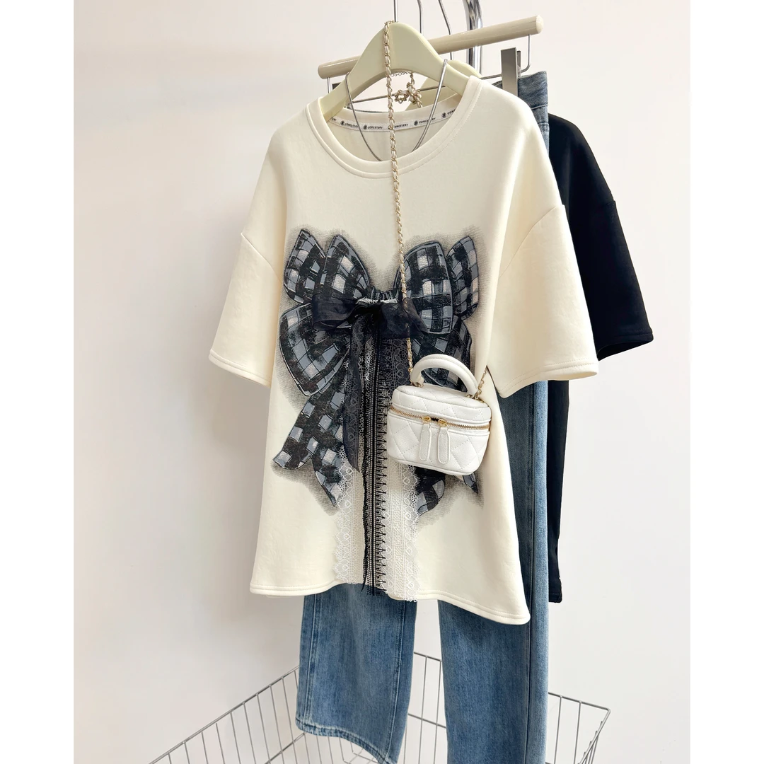 【8162】春季新款重工立体蕾丝蝴蝶结加厚短袖T恤女宽松半袖上衣