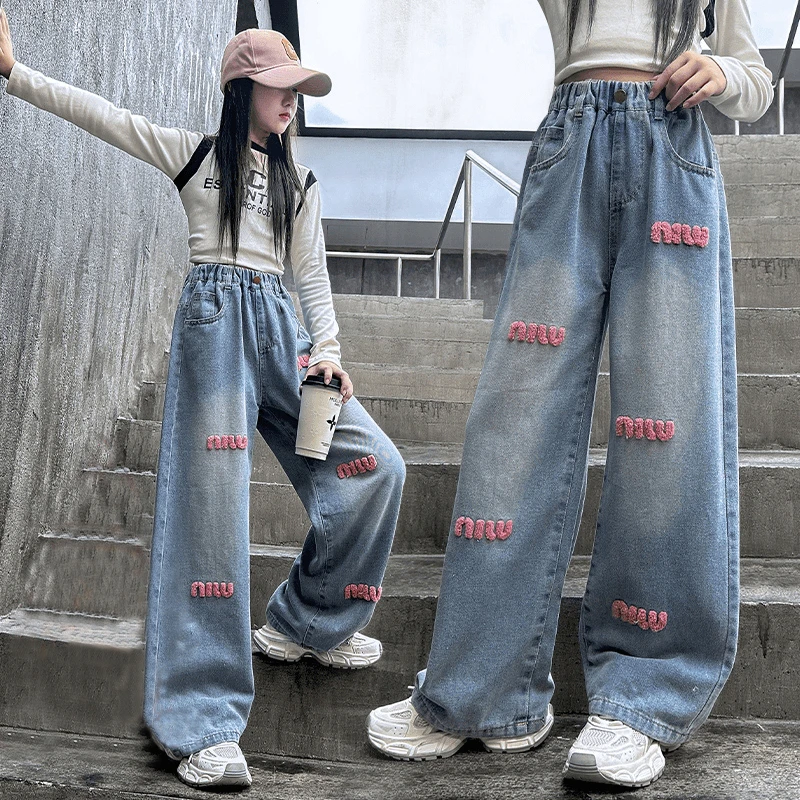 女童春秋款牛仔裤新款洋气时髦毛巾绣女孩牛仔裤宽松阔腿裤韩系潮