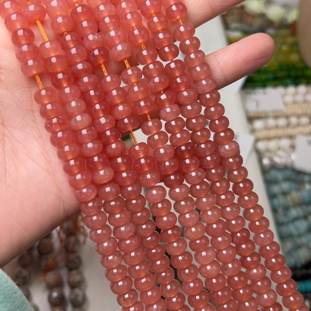 玛瑙/玉髓合金珠宝半成品W579。8.2mm草莓玉算盘珠一条