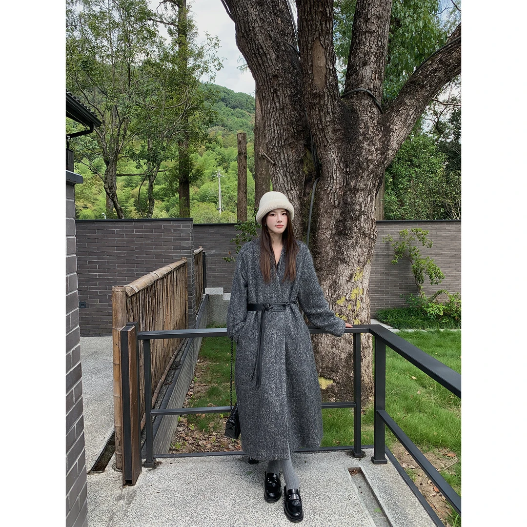 ASM ANNA马海毛羊毛圈圈纱/羊皮流苏腰带廓形大衣女A257AWT024