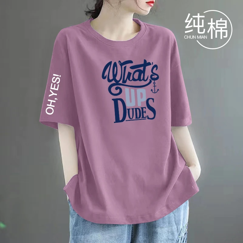 时尚潮牌100%纯棉短袖t恤女2025夏季百搭大码宽松版休闲减龄上衣