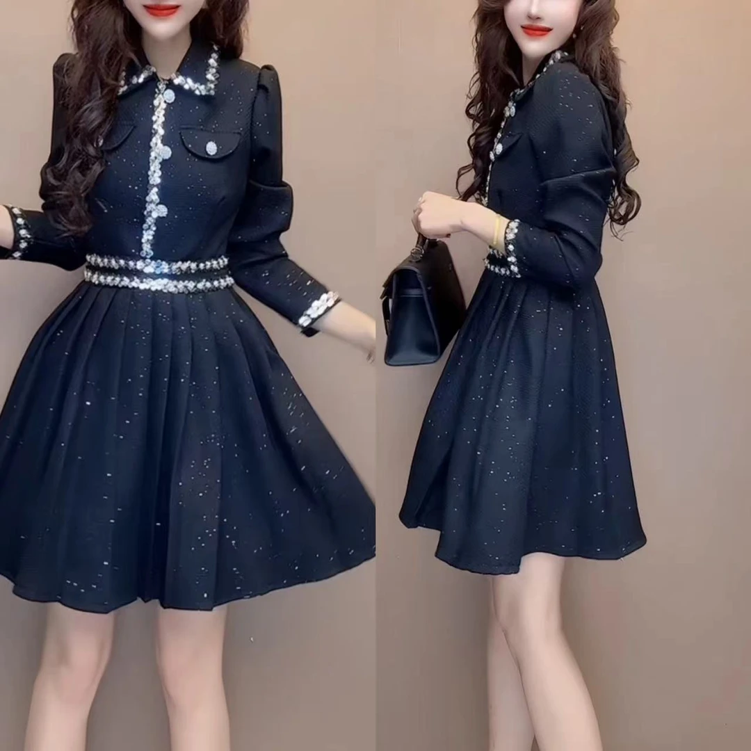 时尚V领中长款韩版法式连衣裙重工