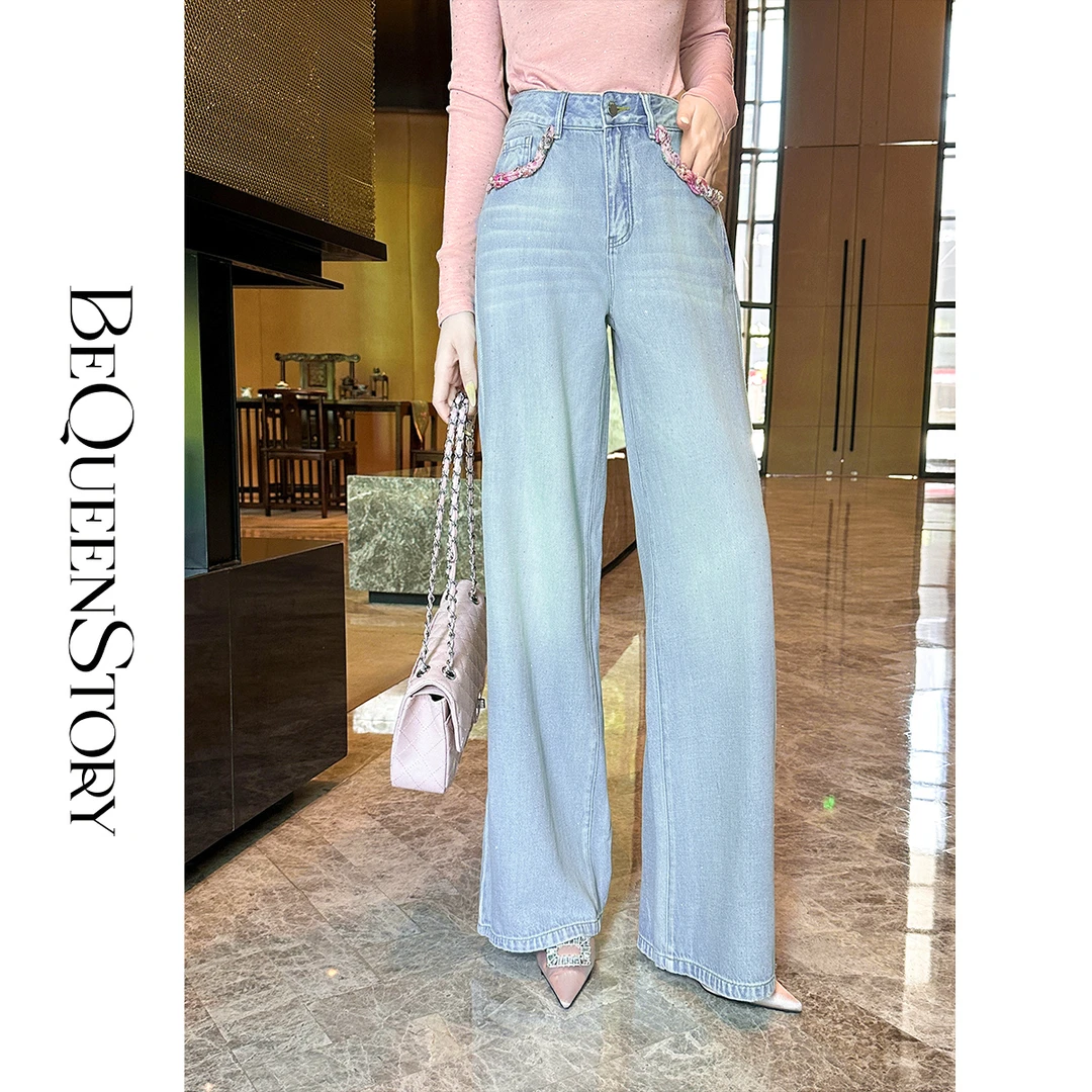 BeQueenStory【银河蜜恋】手工编织带烫钻做旧直筒牛仔裤2025新款