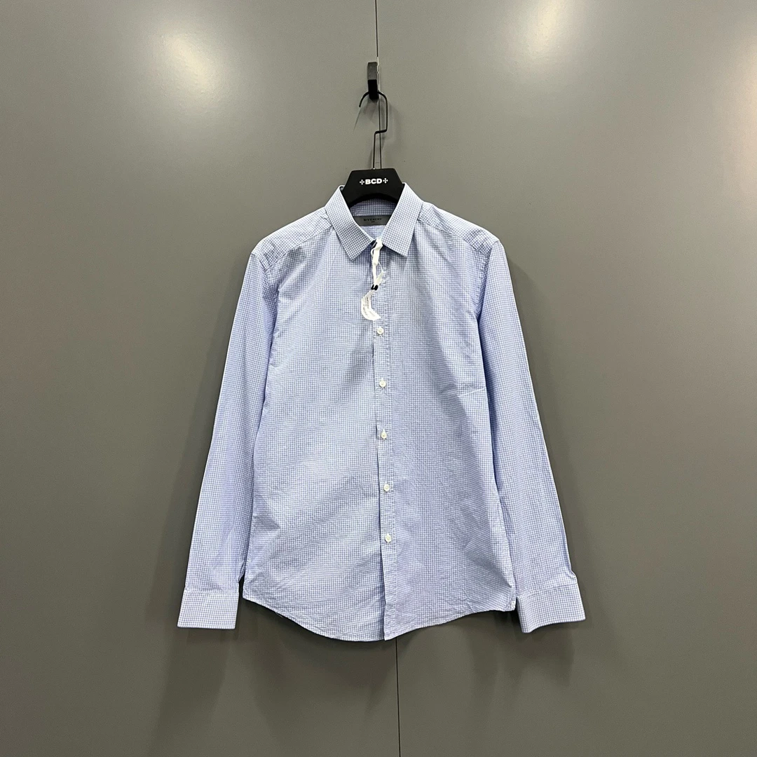 95新 Givenchy/纪梵希 （cc）蓝色小格子长袖衬衫 39码/014187