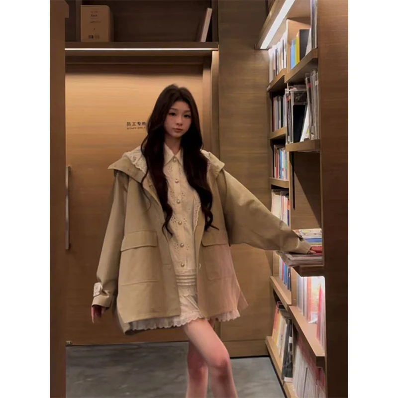 2025秋季新款高级感连帽蕾丝拼接韩版风衣外套女宽松休闲百搭上衣