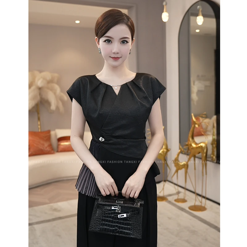 2026年夏季新款【7074】轻奢法式高级感小众短袖优雅黑色衬衫上衣女