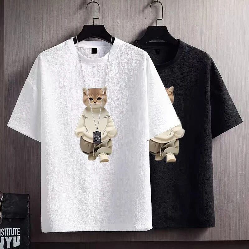 仓石一树潮牌猫咪印花冰丝短袖T恤男夏季新款宽松情侣装亚麻半袖