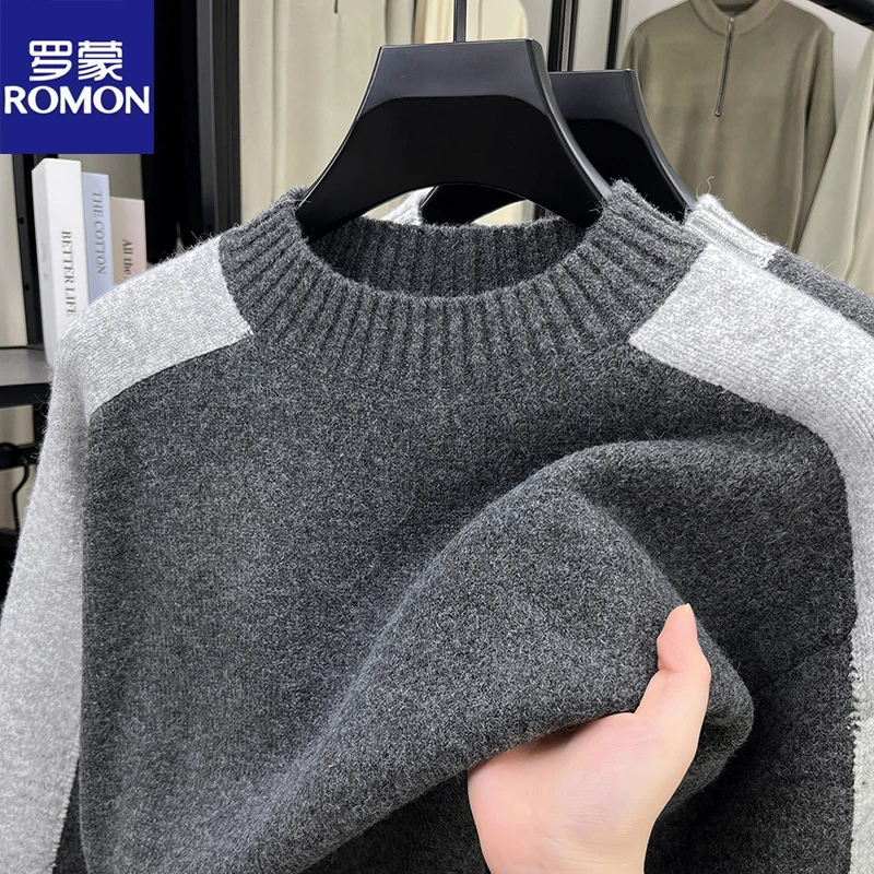 罗蒙半高领拼接毛衣男士冬季男款韩版宽松撞色套头针织衫打底上衣