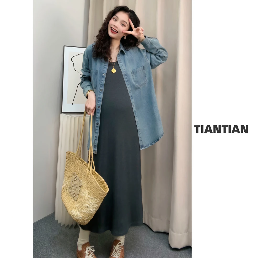 【恬恬】2025孕期简约牛仔两件套休闲套装显瘦外套+连衣裙#5512